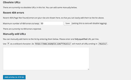 410 for WordPress settings